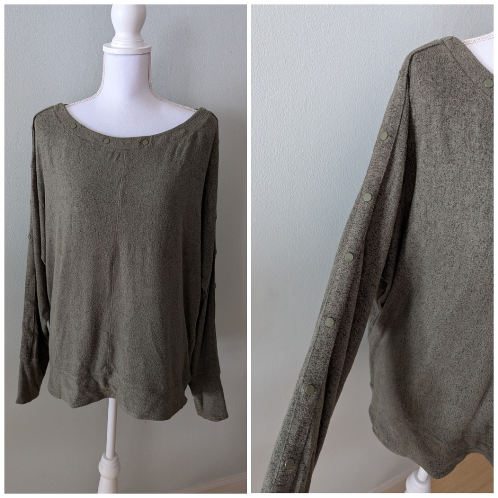 White House Black Market XL Olive Green Boat Neck Soft Fleece Top Stud Detail 39